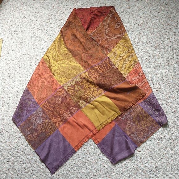 Kenzo Accessories - Kenzo Scarf Womens Patchwork Multicolor Floral Woven Wool Silk Blend Fringes